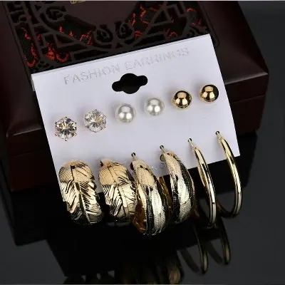 Picture of 6 Pairs of Rhinestone Set Big Circle Leaf Earring for Women Fashion Jewelry Set