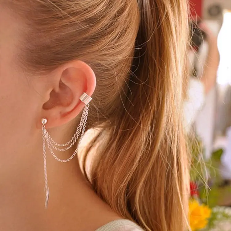 Picture of 1 pair women Leaf Tassel Ear Jewelry Fashion Personality Metal Ear Clip Leaf Tassel Earrings - Kaner Dul - Kaner Dul