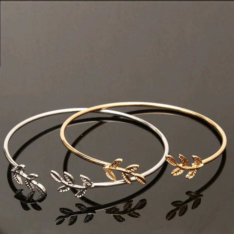 Picture of 2 Pcs.Set Opening bangles bijouterie Leaf Bracelet for women's jewelry metal woman bracelets cuff metal jewelry