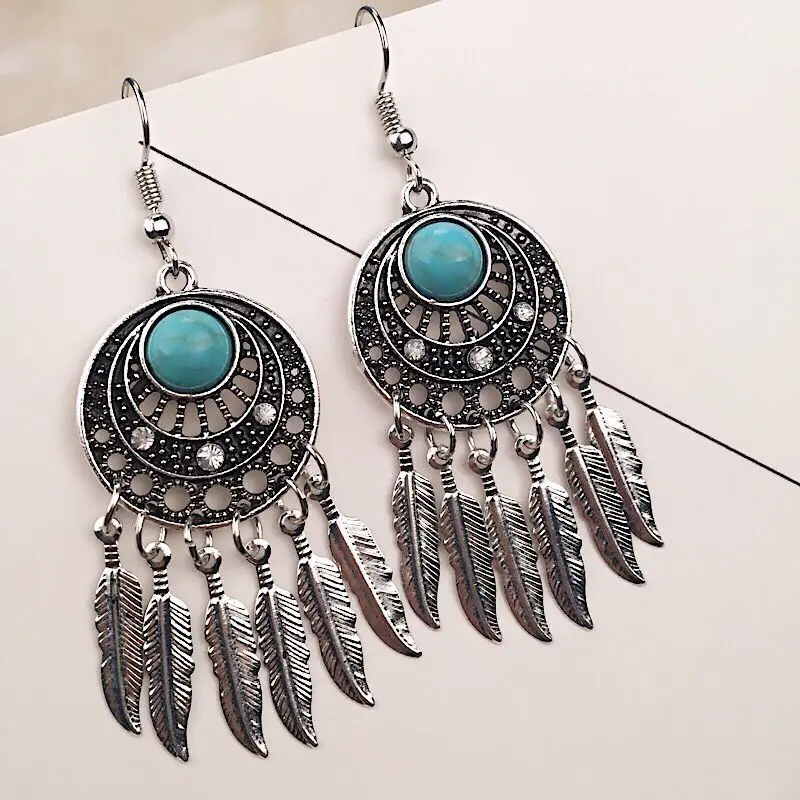 Picture of Fashion Design Euro American Retro National Style Earrings Leaves Coniferous Stones Earrings For Women