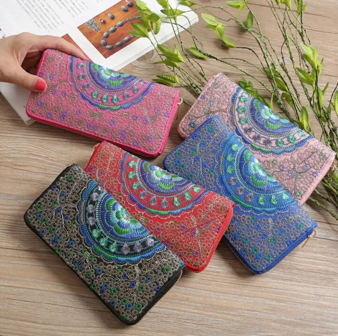 Picture of Women PU Leather Embroidery Floral Wallet with Zipper Card Holder, Blue, Red, Black, Pink, 20x10 CM