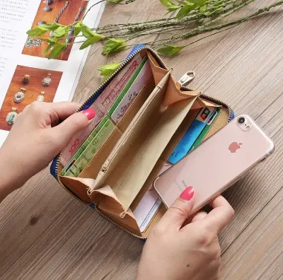 Picture of Women PU Leather Embroidery Floral Wallet with Zipper Card Holder, Blue, Red, Black, Pink, 20x10 CM