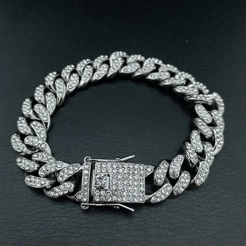 Picture of Vintage Cuban Link Bracelet for Women Silver and Gold Metal Rhinestone Bangle Jewelry