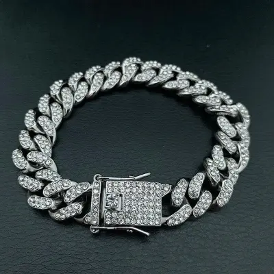 Picture of Vintage Cuban Link Bracelet for Women Silver and Gold Metal Rhinestone Bangle Jewelry