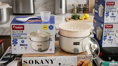Picture of Prestige Queen-124 All-in-One Multipurpose Electric Cooker 24CM 1100W with Steamer & Lid – Rice Cooker, Steamer, Hot Pot