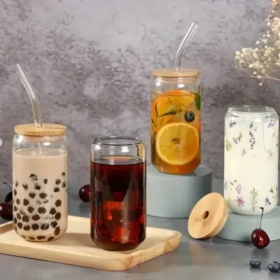 Picture of 1pc, Glass Cups, 17.8oz/550ml Glass Cups With Lids And Straws, Mason Jar Drinking Glasses, Ice Coffee Cup, Glass - Multicolor