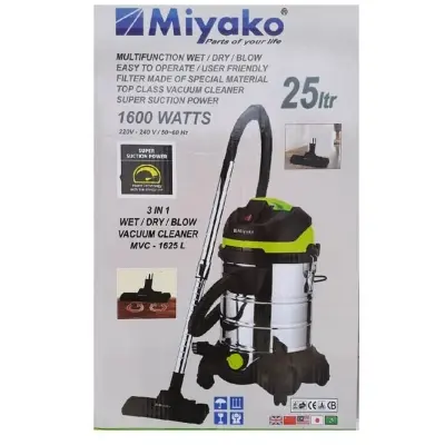 Picture of Miyako 1600 Watts Motor Power 3 in1 Combo Stainless Steel Body Vacuum Cleaner MVC-1625L (Wet/Dry/Blow) - Multicolor
