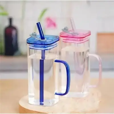 Picture of 400ml/Glass Made Straw/Glaas Made Body/and High Quality plastic Lid. Beautiful Square Masonjar/  Drinking /Juice Mug - Multicolor