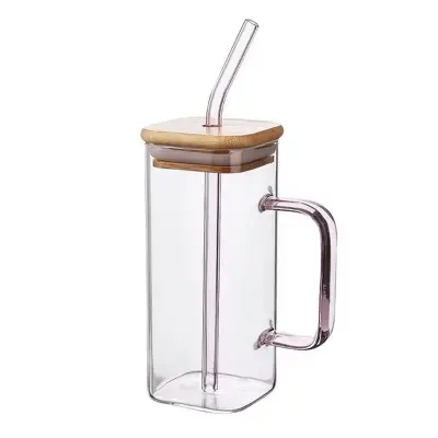 Picture of 400ml/Glass Made Straw/Glaas Made Body/and High Quality Wooden Lid. Beautiful Square Masonjar/  Drinking /Juice Mug - Multicolor