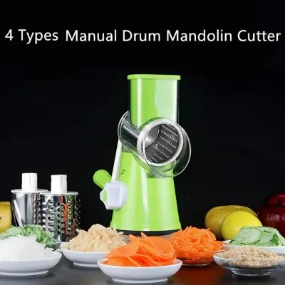 Picture of Manual Vegetable Cutter Tabletop Drum Round Mandolin Slicer With 3 Chopper Blades Kitchen Gadgets - Multicolor