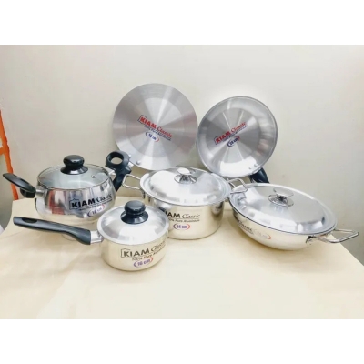 Picture of Exclusive 10 pcs Kiam Family Pack Cookware Set Aluminium. Casserole Stock Pot, Korai, Milk Pan, Baly Such Pan, Ruti Tawa, Fry Pan & - Silver