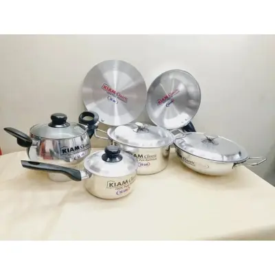 Picture of Exclusive 10 pcs Kiam Family Pack Cookware Set Aluminium. Casserole Stock Pot, Korai, Milk Pan, Baly Such Pan, Ruti Tawa, Fry Pan & - Silver