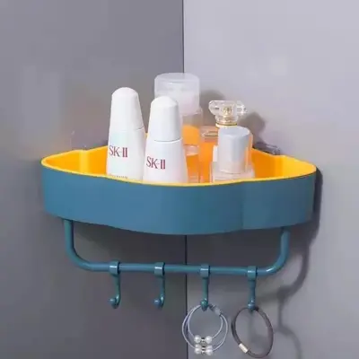 Picture of bathroom, kitchen self with hanger Free Punch Wall Corner Bathroom Storage Shelves Shelf With Hook Bathroom - Multicolor
