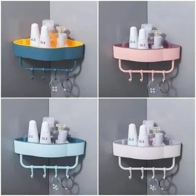 Picture of Bathroom, kitchen self with hanger Free Punch Wall Corner Bathroom Storage Shelves Shelf With Hook Bathroom - Multicolor