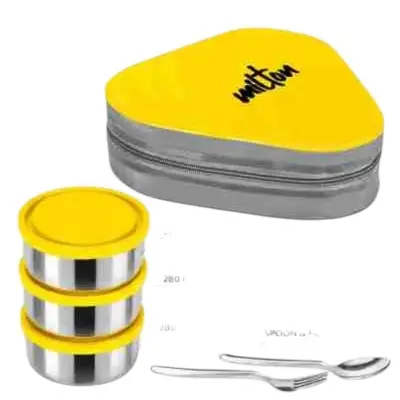Picture of MILTON Triyum Stainless Steel Tiffin, 3 Container, 280 ml Each, with Jacket, Spoon & Fork, Lunch Box Food Grade Odour Proof Light Weight - Multicolor