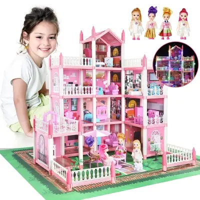 Picture of DIY dream villa furniture set with 6 girls dollhouse - Pink