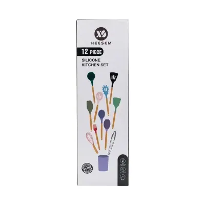 Picture of Silicone Kitchenware Set 12Pcs Kitchen Utensils Set Silica Gel Cooking Utensils Set Heat Resistant Kitchen Tools Wooden Handle with Storage Barrel - Multicolor