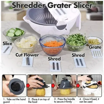 Picture of New 11 in 1 Multifunction Magic Rotate Vegetable Cutter with Drain Basket Vegetables Chopper Veggie Slicer Kitchen Tool with 8 Dicing Blades - Multicolor