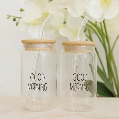 Picture of GOOD Morning Glass Cup With Lid and Straw Transparent Bubble Tea Cup Juice Glass Beer Coffee Cup Milk Mocha Cups Breakfast Mug - Transparent