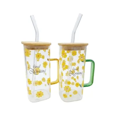 Picture of Glass Made Body and Glass Made Staw Flower Printed Juice Mug With Bamboo Lid & Sip - Yellow