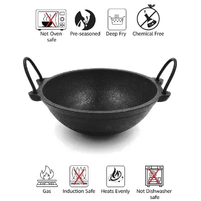 Picture of Small Cast Iron Kadai 8 Inch/20cm (Ready to Use-Hand Seasoned by Village Ladies Using Oil), Black 