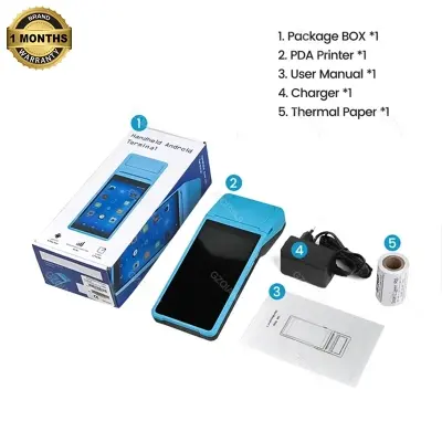 Picture of Handheld POS Receipt Printer Android with 5 Inch Touchscreen 58mm Width Thermal Printer Barcode Scanner 1D2D PDA Terminal Support Dual SIM, WiFi Bluetooth Label Printing for Restaurant, Bus Ticket, Small Business, FoodPanda Restaurant POS Printer(Blue)