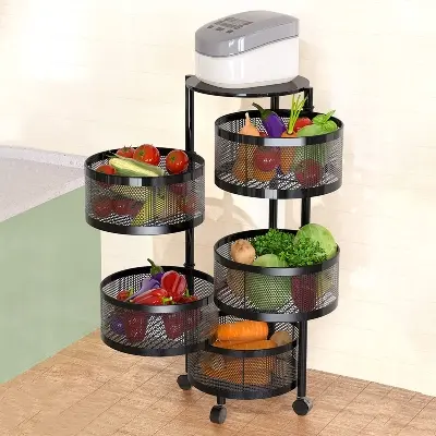 Picture of 5 Layers Kitchen Rotating Shelf 360 Degree Baskets Fruit Vegetable Storage Rack Floor Round Shelf With Wheels - Black