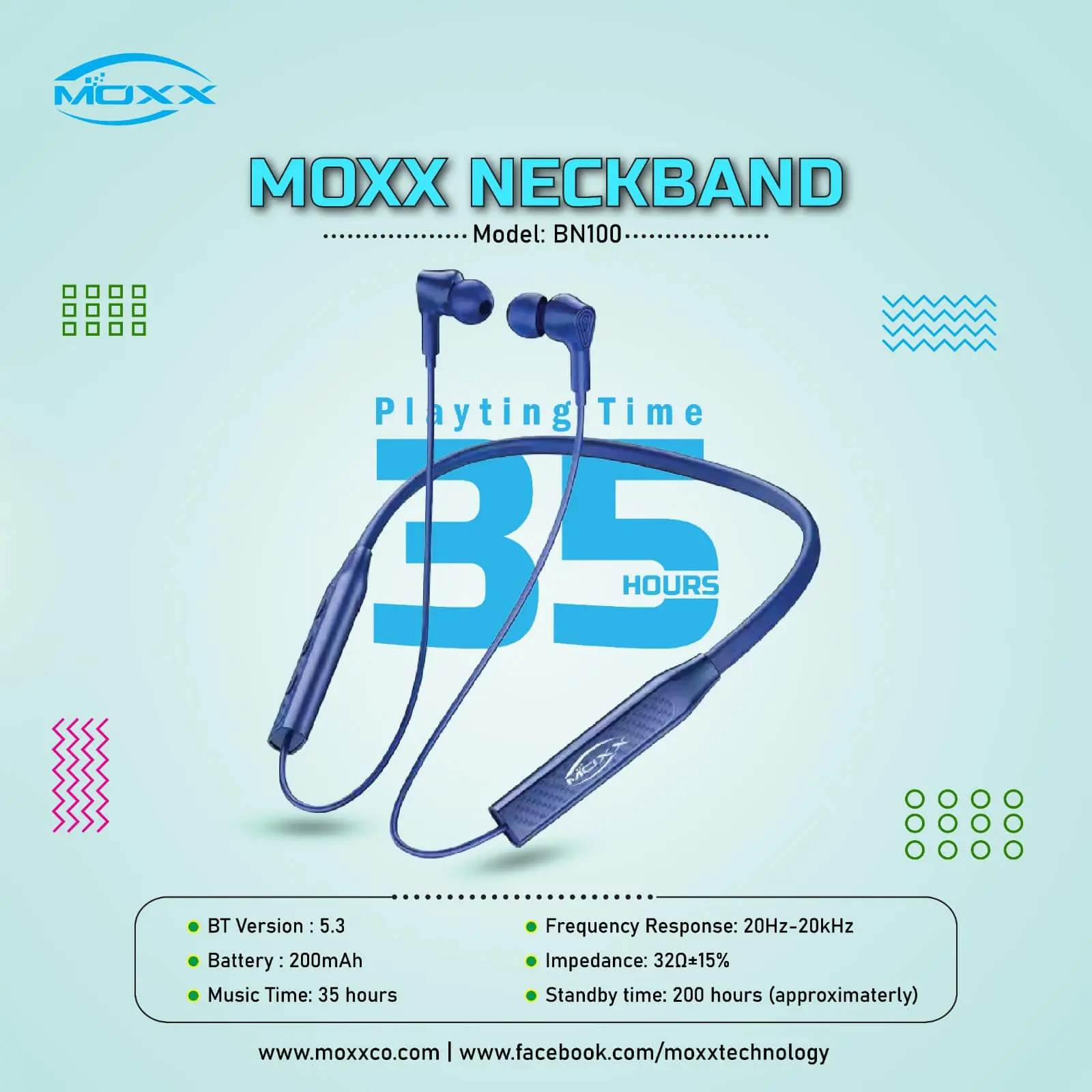 Picture of Moxx BN100 Neckband Bluetooth Headset BT5.3 Sports Headset IPX5 with Mic Noise Cancelling, Magnetic Control - Bluetooth neckband - best neckband (Black)