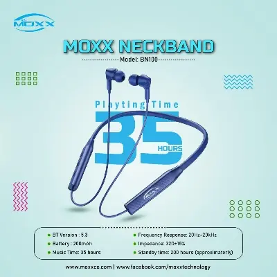 Picture of Moxx BN100 Neckband Bluetooth Headset BT5.3 Sports Headset IPX5 with Mic Noise Cancelling, Magnetic Control - Bluetooth neckband - best neckband (Black)