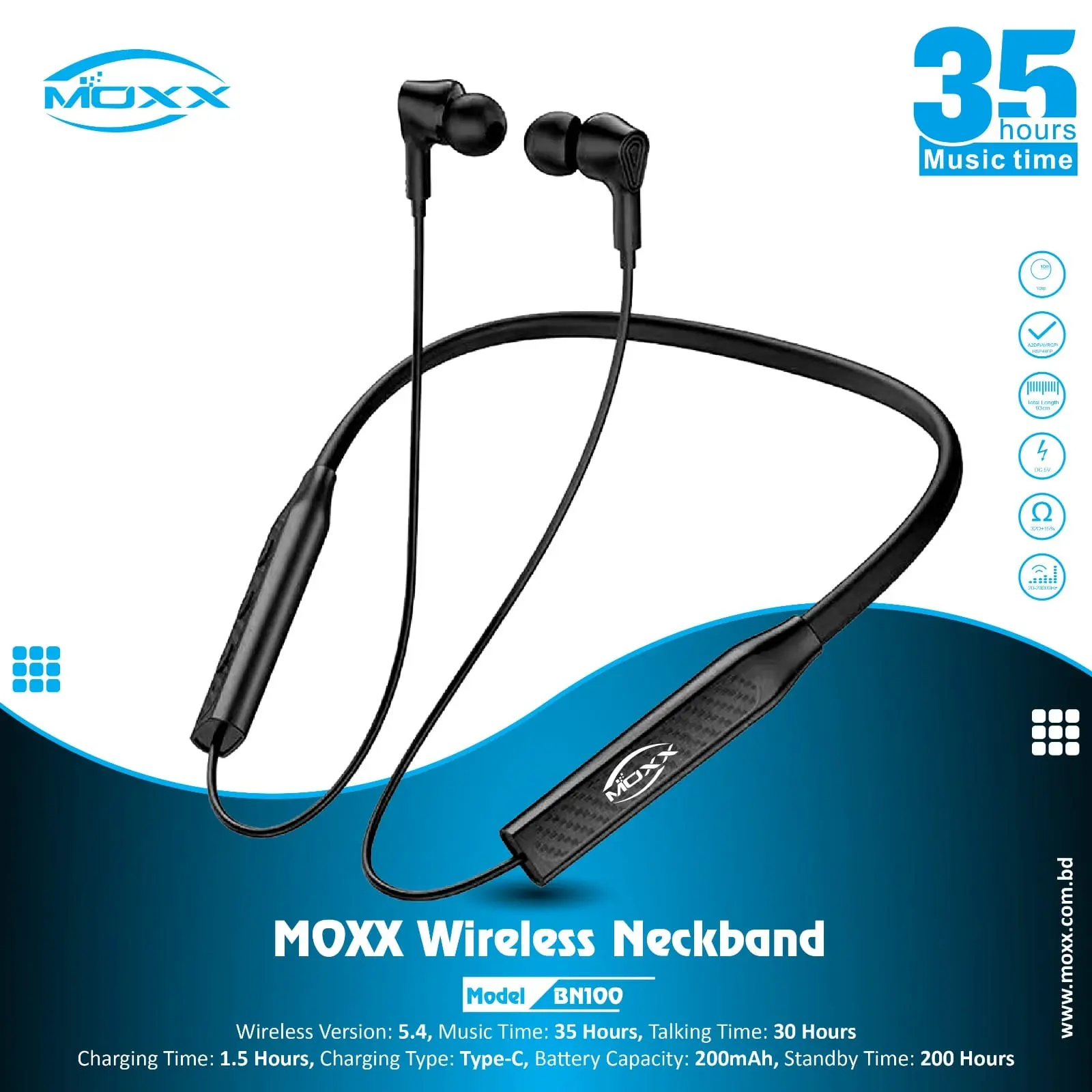 Picture of Moxx BN100 Neckband Bluetooth Headset BT5.3 Sports Headset IPX5 with Mic Noise Cancelling, Magnetic Control - Bluetooth neckband - best neckband (Black)