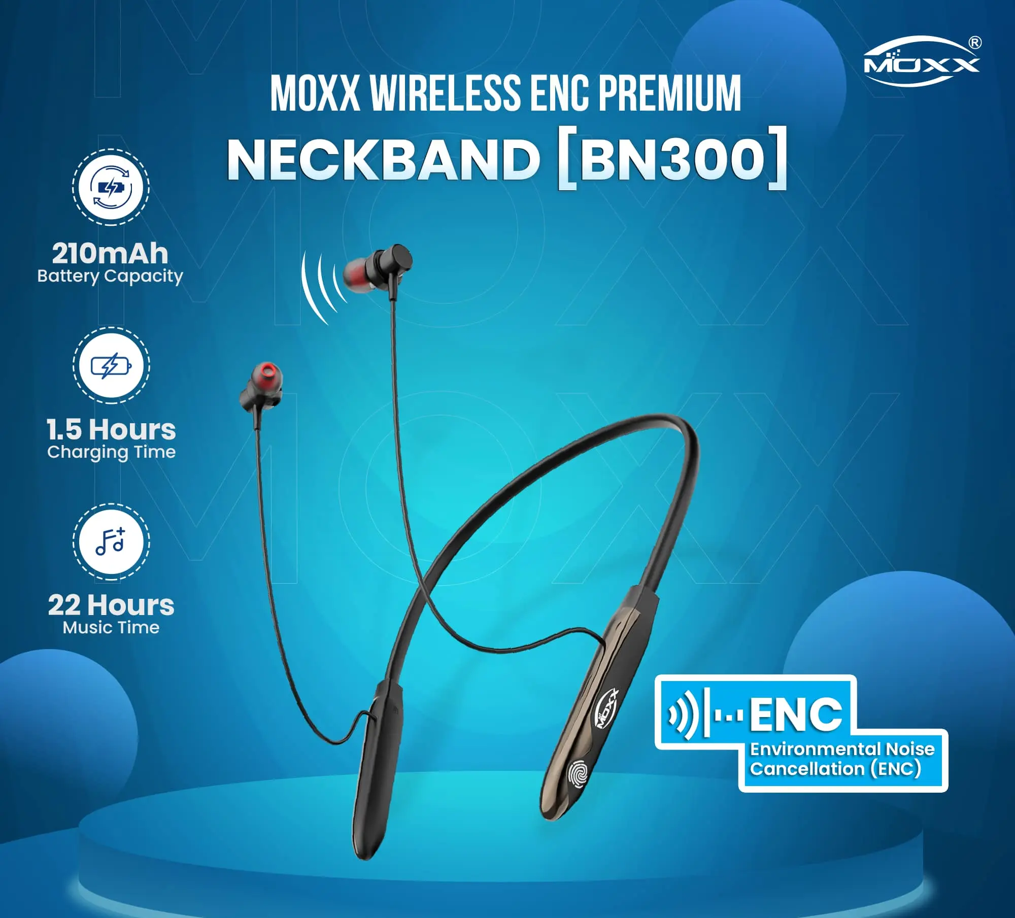 Picture of MOXX BN300 ENC Magnetic Control Wireless Neckband with Touch Control Feature- Best Battery Backup- HD Call (Navy Blue)