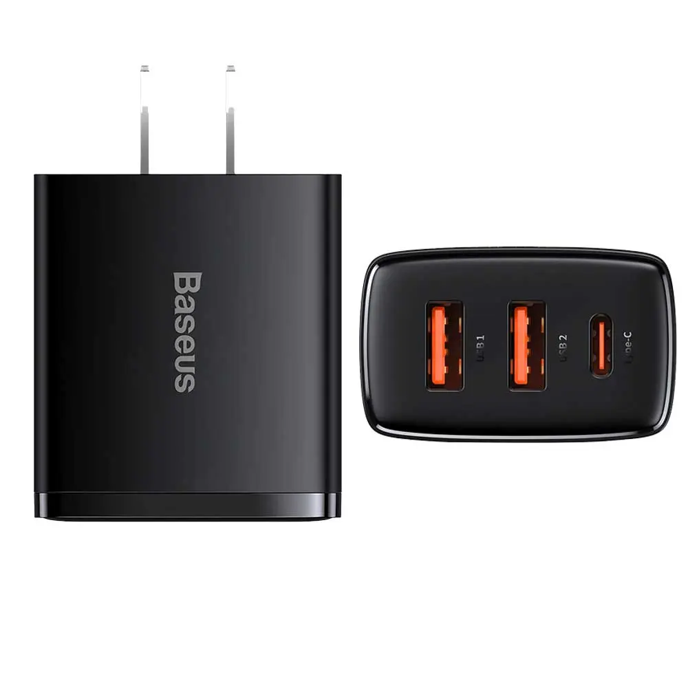 Picture of BASEUS Compact Quick Charger 2USB+Type-C Three Ports 30W Travel Power Adapter US Plug (Black)