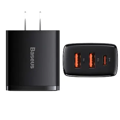 Picture of BASEUS Compact Quick Charger 2USB+Type-C Three Ports 30W Travel Power Adapter US Plug (Black)