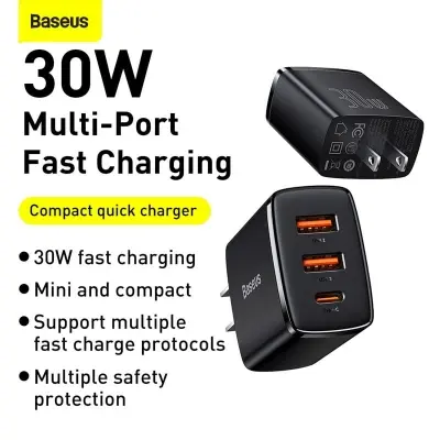 Picture of BASEUS Compact Quick Charger 2USB+Type-C Three Ports 30W Travel Power Adapter US Plug (Black)