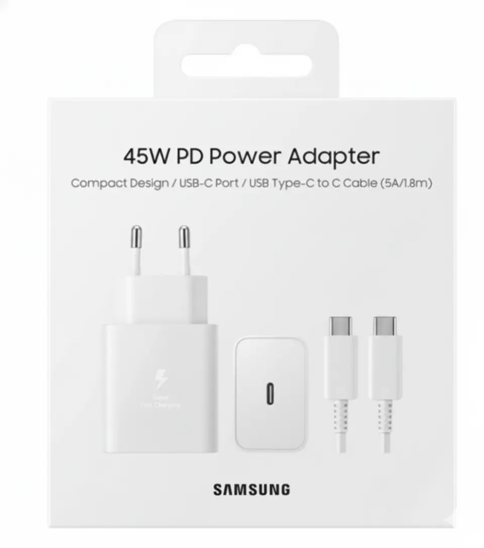 Picture of Sansung 45W PD  Super Fast 2 Pin Charger 2.0 with Type C Data Cable from Type C (White)