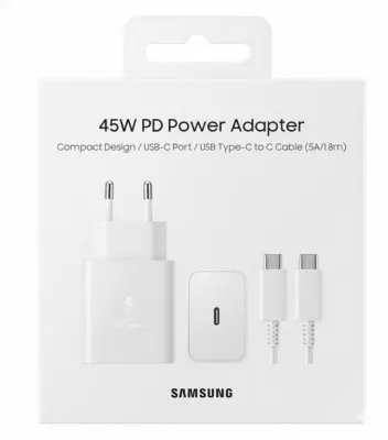Picture of Sansung 45W PD  Super Fast 2 Pin Charger 2.0 with Type C Data Cable from Type C (White)
