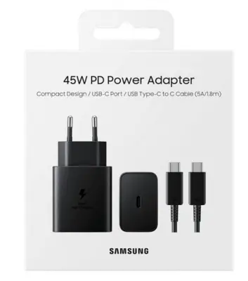 Picture of Sansung 45W PD  Super Fast 2 Pin Charger 2.0 with Type C Data Cable from Type C (Black)
