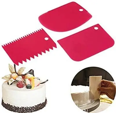 Picture of LALA 3x Plastic Dough Fondant Scraper Cake Decorating Plain Smooth Jagged Edge(RED) -Red