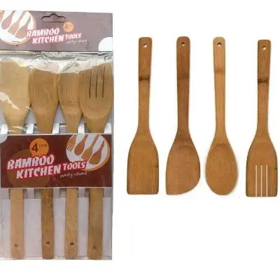 Picture of 4 X Piece Bamboo Wooden Kitchen Cooking Utensils Set Tools Spatula Spoon Turner-Brown