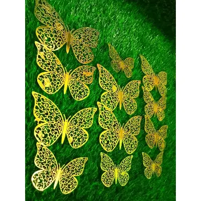 Picture of 12PC 3D plastic Hollow-Out Butterfly Sticker Cake Decorations Party -Gold