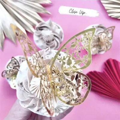 Picture of 12PC 3D plastic Hollow-Out Butterfly Sticker Cake Decorations Party -Gold
