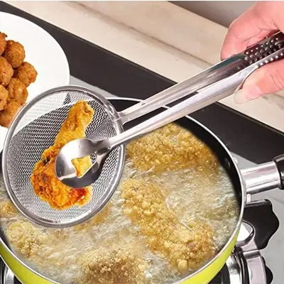 Picture of Multi-functional Stainless Steel Clamp Strainer Filter Spoon With Clip Food Kitchen Oil-Frying Salad BBQ Filter -Silver