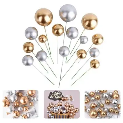 Picture of 20pcs Cute Gold Silver Ball Cake Topper DIY Cup Cake Decoration Baby Shower Birthday Wedding Favor Event Party