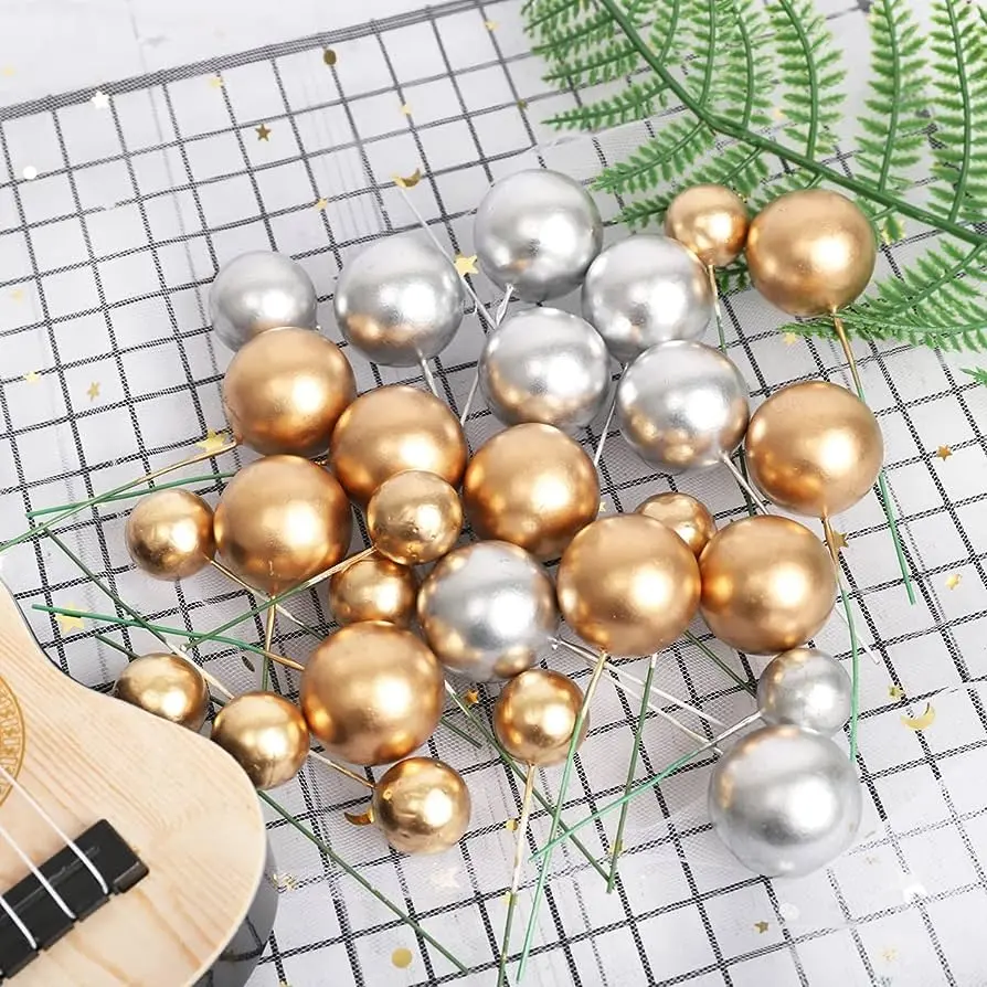 Picture of 20pcs Cute Gold Silver Ball Cake Topper DIY Cup Cake Decoration Baby Shower Birthday Wedding Favor Event Party