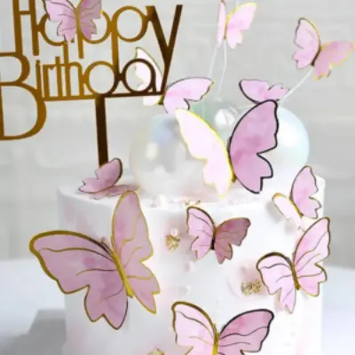 Picture of 10pcs Butterfly Cake Toppers Sequin Purple Pink Butterflies Cake Decoration Card for Wedding Girls Happy Birthday Party Decors -Multicolor