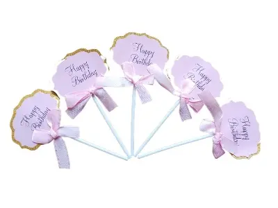 Picture of 5Pcs/lot Happy Birthday Cake Toppers Glitter Paperboard Cupcake Topper Supplies for Kid Party Cake Decoration -Multicolor