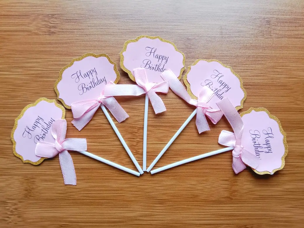 Picture of 5Pcs/lot Happy Birthday Cake Toppers Glitter Paperboard Cupcake Topper Supplies for Kid Party Cake Decoration -Multicolor