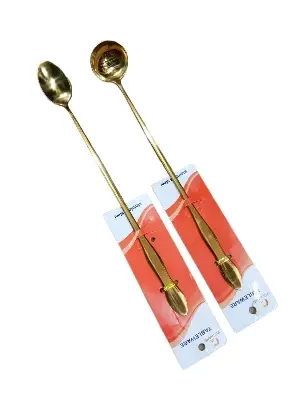 Picture of Steel Long handle Pickle Spoon Round and Oval shape (26cm) 2 pc set (Golden) -Gold
