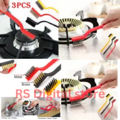 Picture of 3 PCs Mini Wire Brush Set Brass Nylon Stainless Steel Bristles Household Cleaning Brush for Stove Burner Tiles Tap -Multicolor