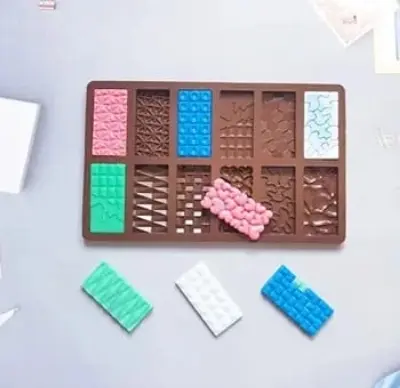 Picture of 12 Cavity Geometric Heart Chocolate Silicone Mold Diamond Bricks Puzzle Candy Biscuit Baking Mould Ice Tray Cake Decor DIY Gift -Chocolate